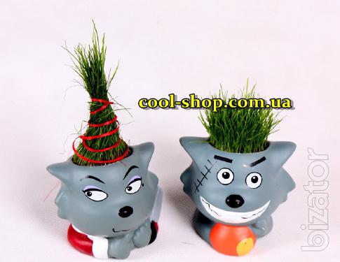 The planter is a spinning Top with a pot of grass "Top", an original gift, buy a pot of growing grass, uncut 
