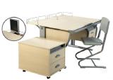 Growing the Desk-table "DEMI" with curbstone DAY.15-04 + chair DAY.01, color maple/grey