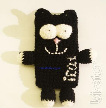 Knitted pouch for mobile phone Black cat 