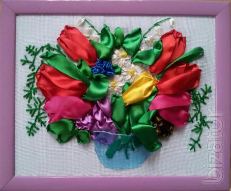 Pictures embroidered with ribbons. Available and under the order. 