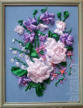 Pictures embroidered with ribbons. Available and under the order. 
