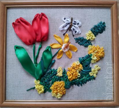 Pictures embroidered with ribbons. Available and under the order. 