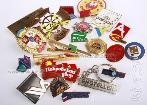 Metal badges, badges, key chains. 