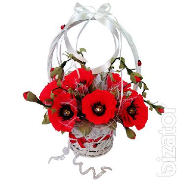 Candy bouquet of Poppies in a white basket 