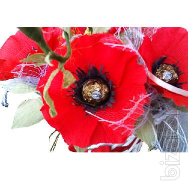 Candy bouquet of Poppies in a white basket 