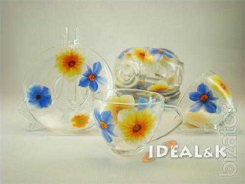 Tableware made of glass. Cups, mugs, tea sets, wine glasses made of glass. 