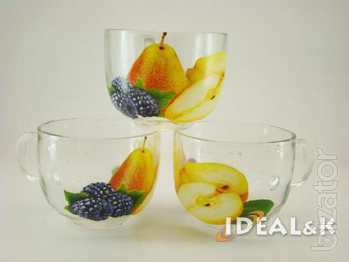 Tableware made of glass. Cups, mugs, tea sets, wine glasses made of glass. 