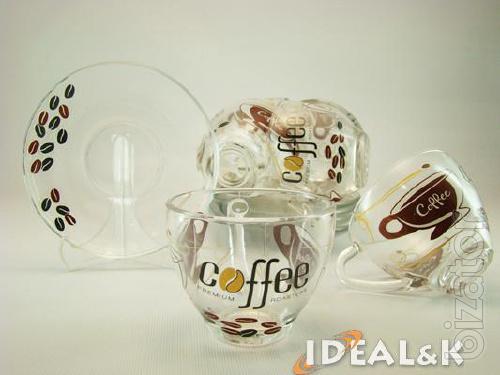 Tableware made of glass. Cups, mugs, tea sets, wine glasses made of glass. 