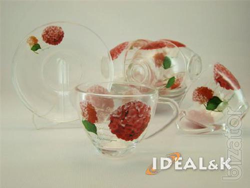 Tableware made of glass. Cups, mugs, tea sets, wine glasses made of glass. 