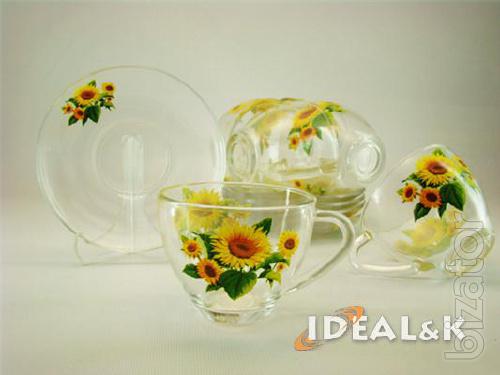 Tableware made of glass. Cups, mugs, tea sets, wine glasses made of glass. 