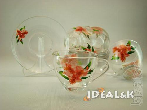 Tableware made of glass. Cups, mugs, tea sets, wine glasses made of glass. 