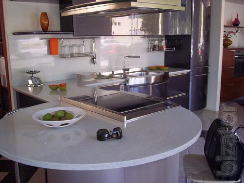 Countertops, window sills, fireplaces, stairs made of stone. 