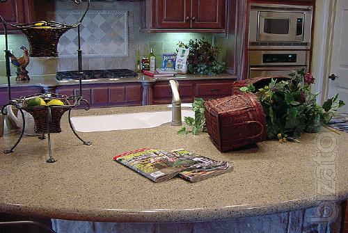 Countertops, window sills, fireplaces, stairs made of stone. 