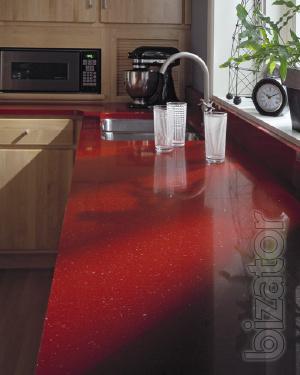 Countertops, window sills, fireplaces, stairs made of stone. 