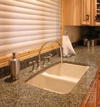Countertops, window sills, fireplaces, stairs made of stone. 