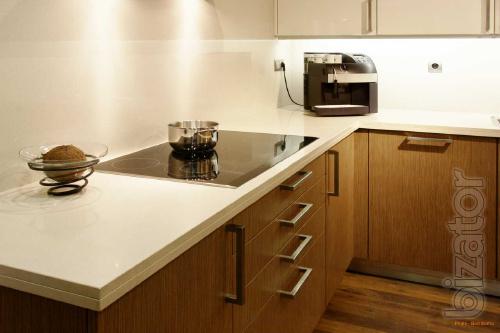 Countertops, window sills, fireplaces, stairs made of stone. 