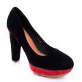 Blue shoes with orange accents and black with red accents on the heel 