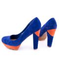 Blue shoes with orange accents and black with red accents on the heel 