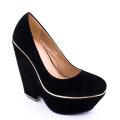 Light blue and black shoes on high wedge 