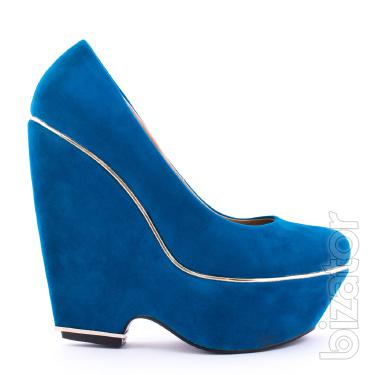 Light blue and black shoes on high wedge 