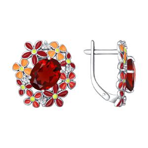 Серьги из серебра с эмалью с гранатами и фианитами от Sokolov 92020234 Серьги из серебра с эмалью с гранатами и фианитами от Sokolov 92020234